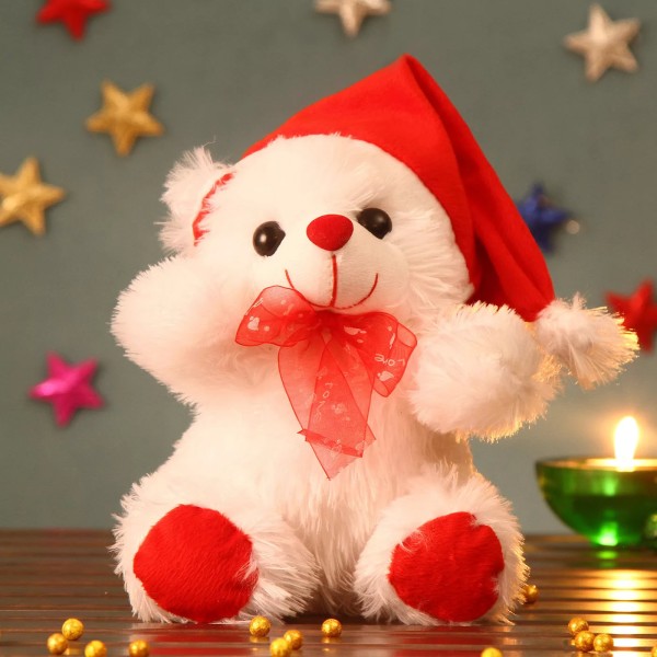 White 12 Inch Christmas Willy Teddy Bear with santa cap